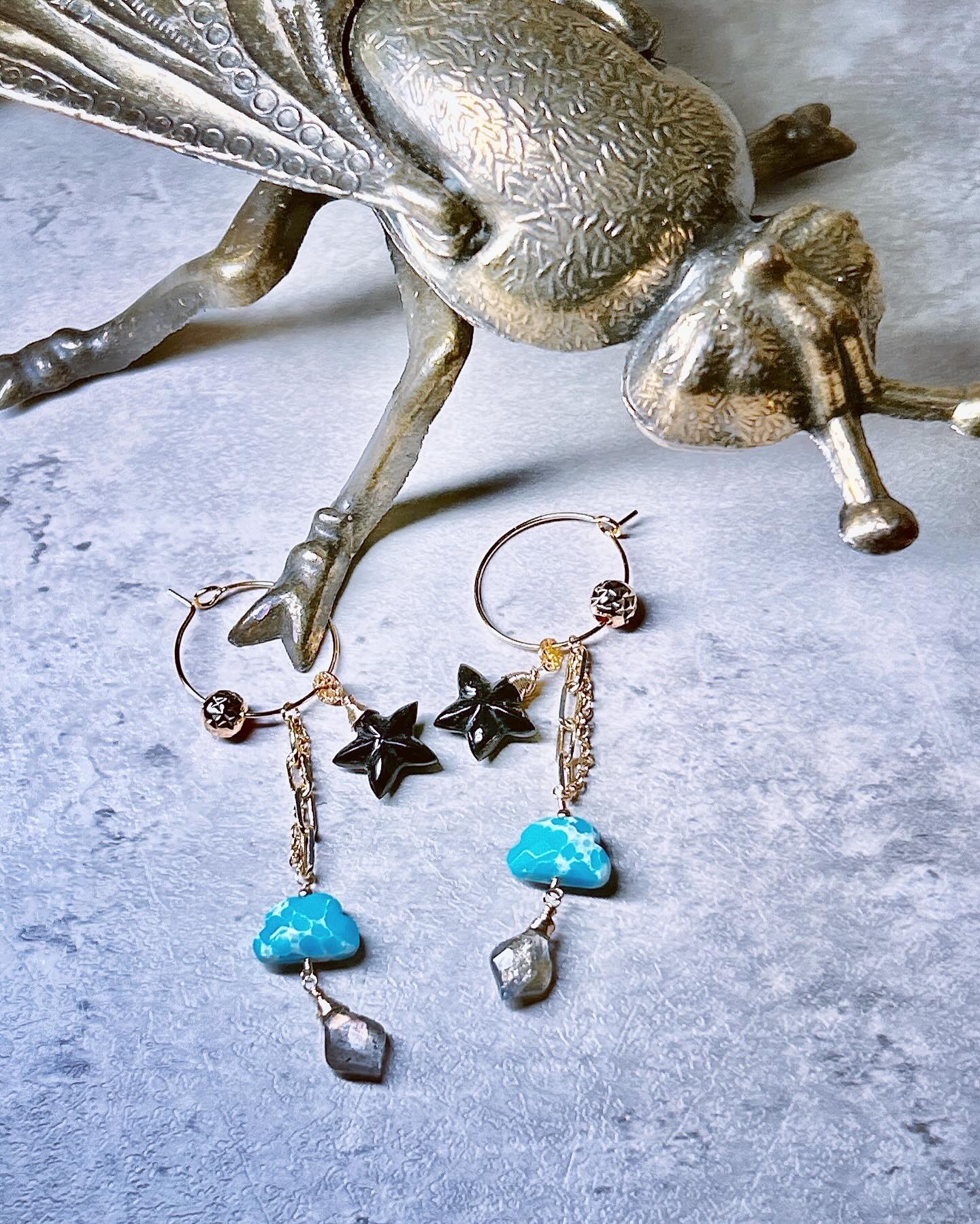 一点物14kgf☆星型オニキスと雲型ターコイズコッパー＆ラブラドライトの着せ替えピアス