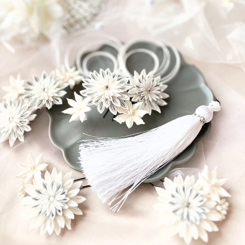 つまみ細工髪飾り】7点セット 白 水引アレンジ タッセル 絹 シルク