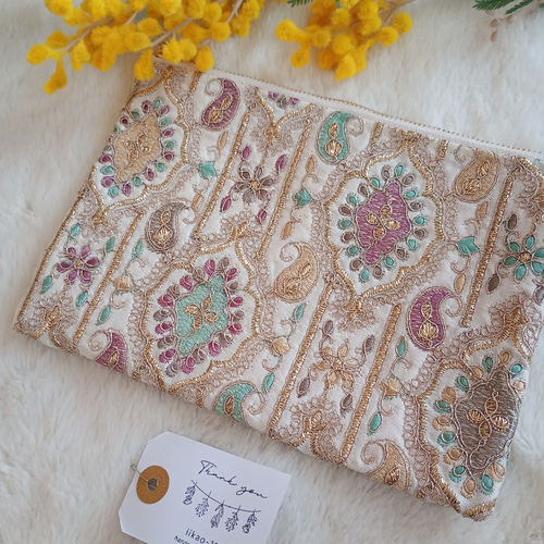 20㌢】通帳が入る贅沢インド刺繍ポーチ ザリ刺繍 通帳ケース 20㌢】通帳が入る贅沢インド刺繍ポーチ ザリ刺繍 通帳ケース