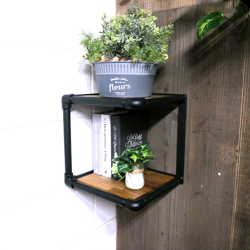 Creema限定品（№-006）　ガス管とアカシヤ集成材の2段コーナーラック