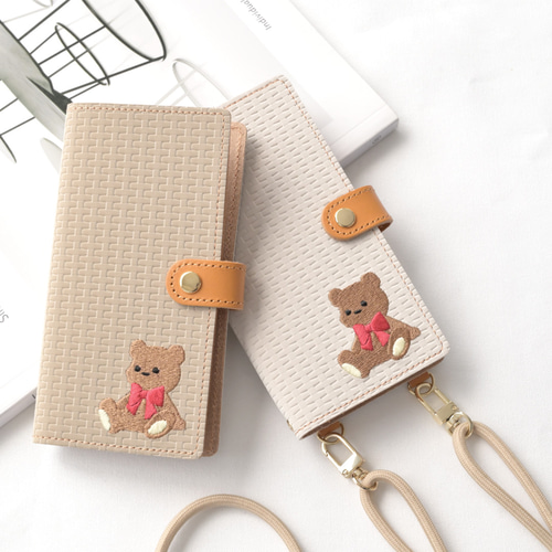 全機種対応 スマホケース 手帳型 編み柄 【 刺繍 テディベア