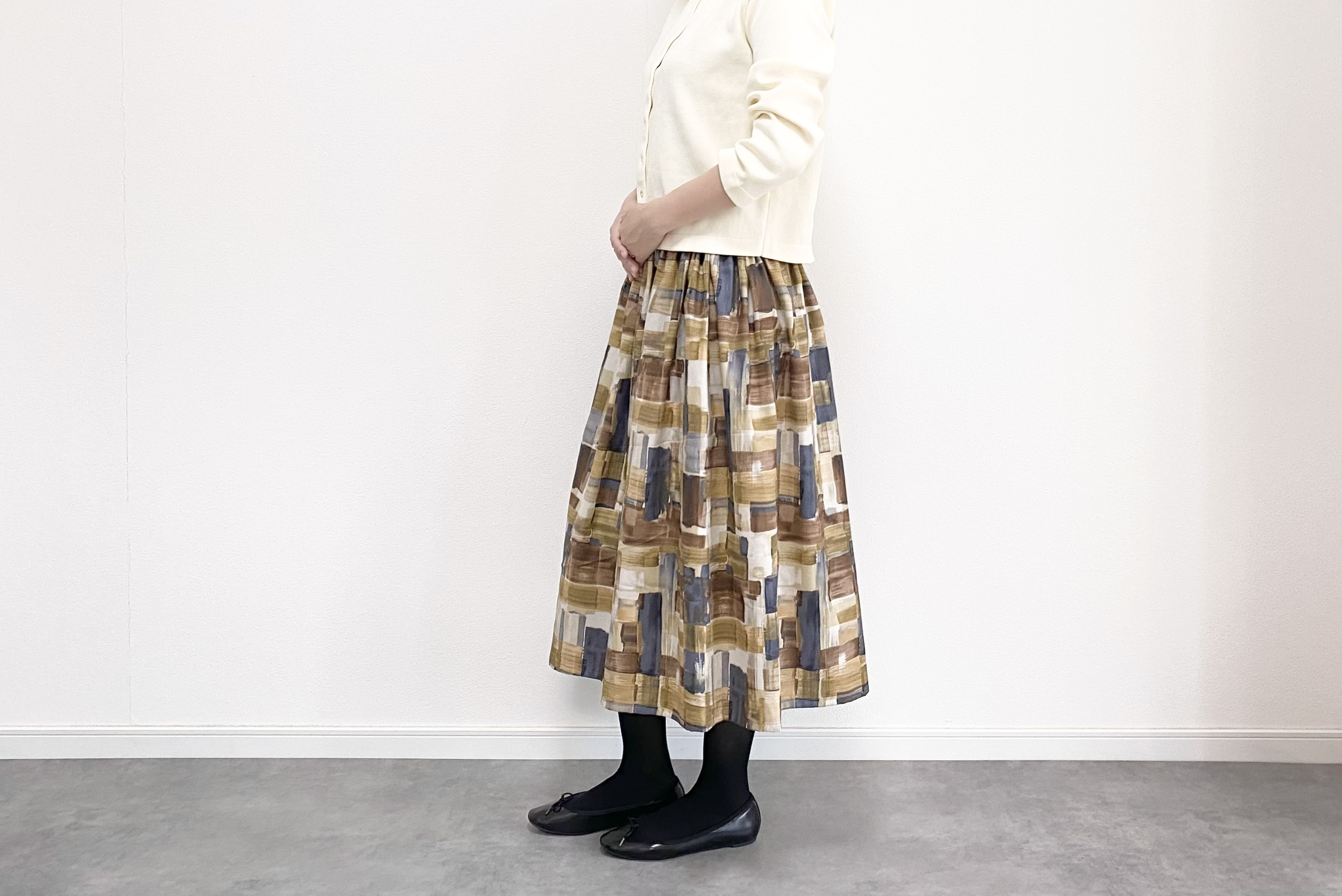 ランダムペイント柄ギャザースカート  キャメル