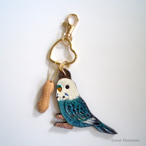 【♡エンジェル♡ページ】革タグチャーム☆フェザー☆ターコイズチャーム付き ブルー セキセイイン 革 インコグッズ バッグ チャーム キーホルダー