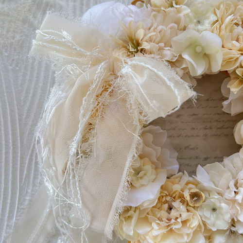 羽根つきふわふわアイボリーキャンドルリース 直径20cm 無料