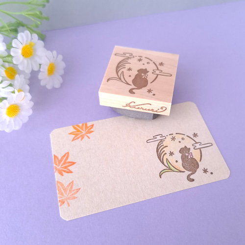 秋 中秋の名月と猫 消しゴムはんこ 月 はんこ・スタンプ Kururi Stamp