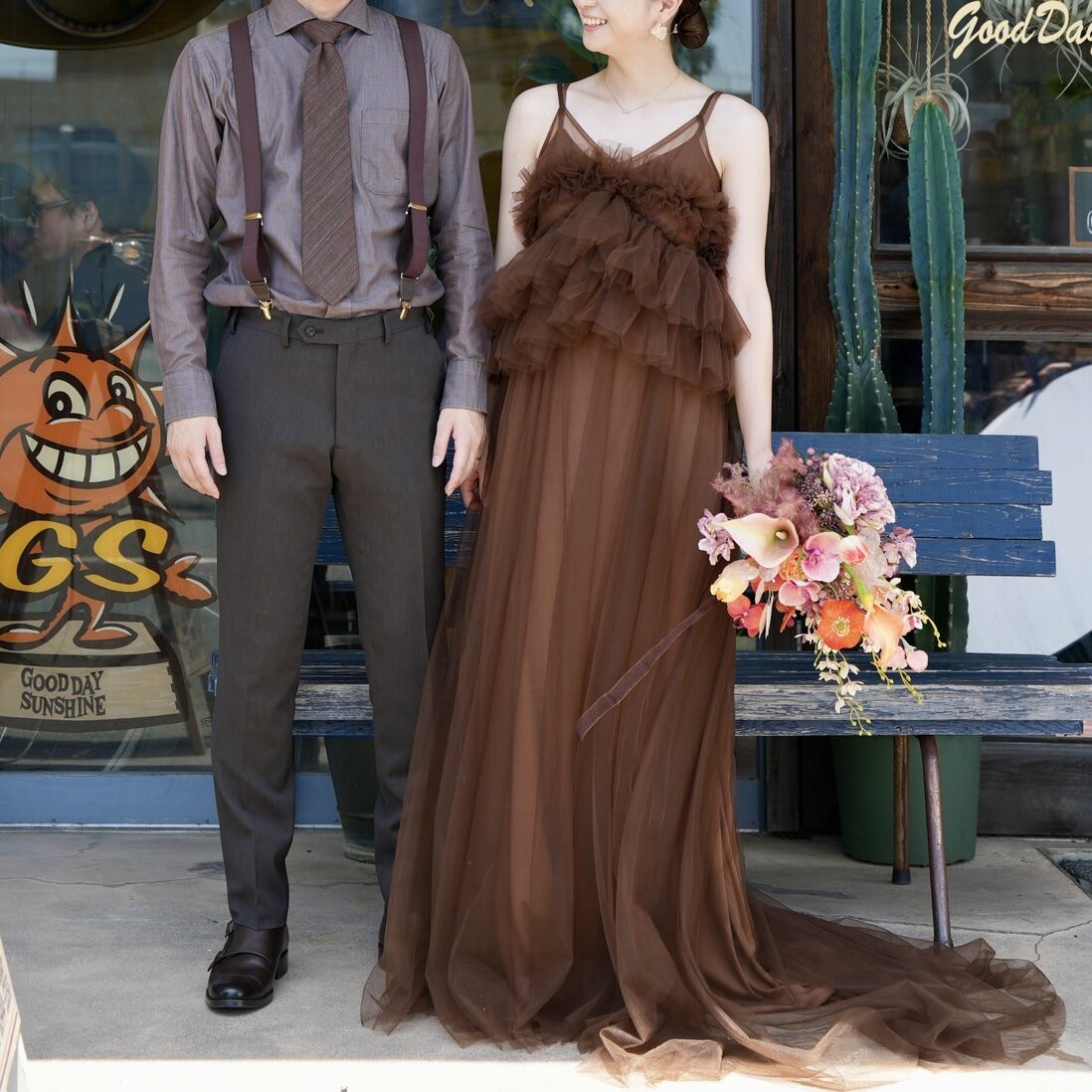 実例写真！キャミソール ブラウン ツーピース  パーティードレス 前撮り ワンピース 可愛い バックレス