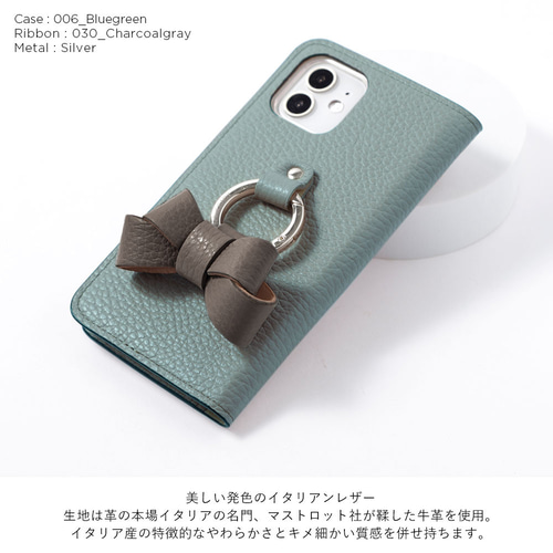 全32色 リボン スマホリング ミラー 本革 スマホケース手帳型 全