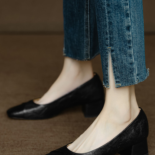 * JEANS*レザー チャンキーモカシン 成人式 高め ヒールローファー スクエアトゥ パンプス 本革