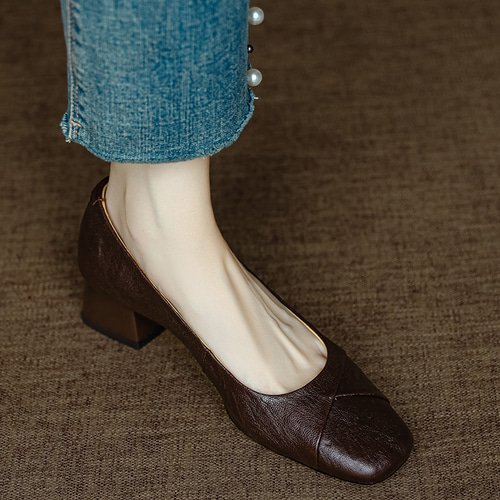 成人式 高め ヒールローファー スクエアトゥ パンプス 本革