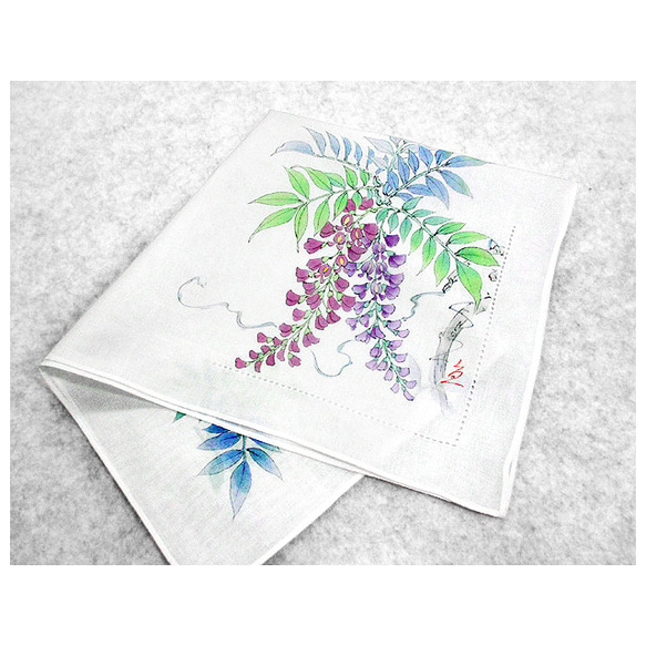 綿ハンカチ（薄ピンク色のピコ刺繍付き）（藤の花）（白色） ハンカチ