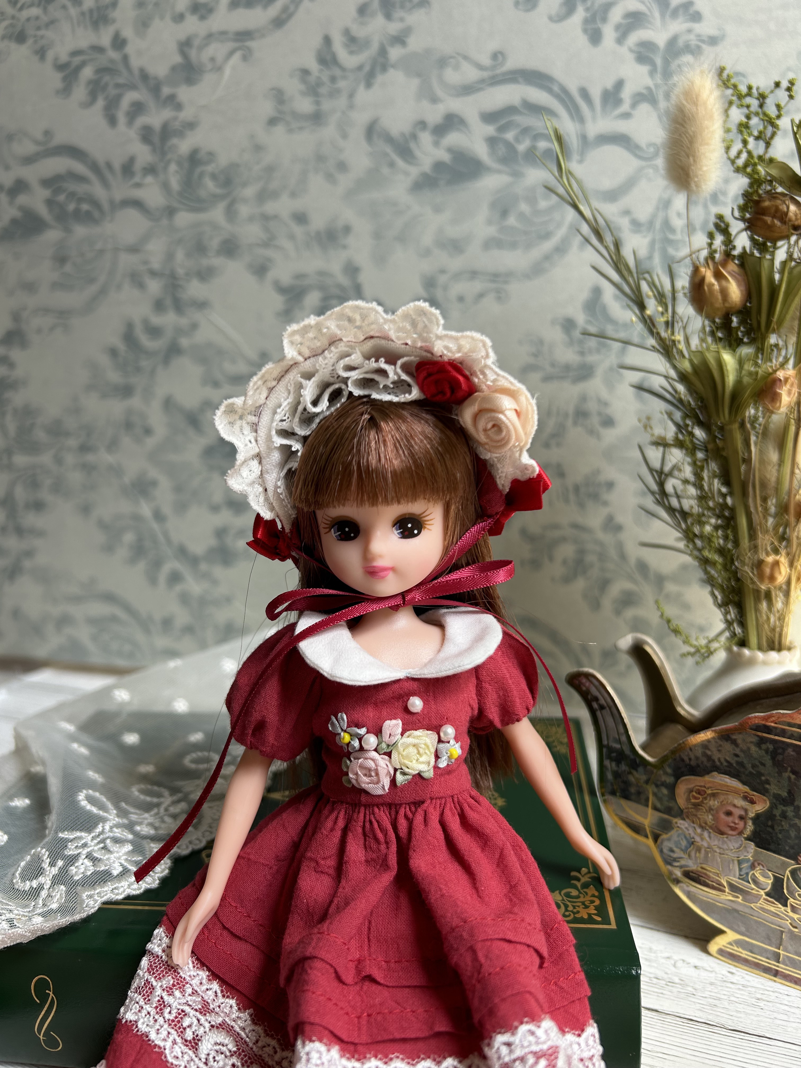 58cm前後　ドール用ツーピース、ボンネット　セット Amazon | ビスクドールドレス◇ ? ◇ツーピ ース ボンネット