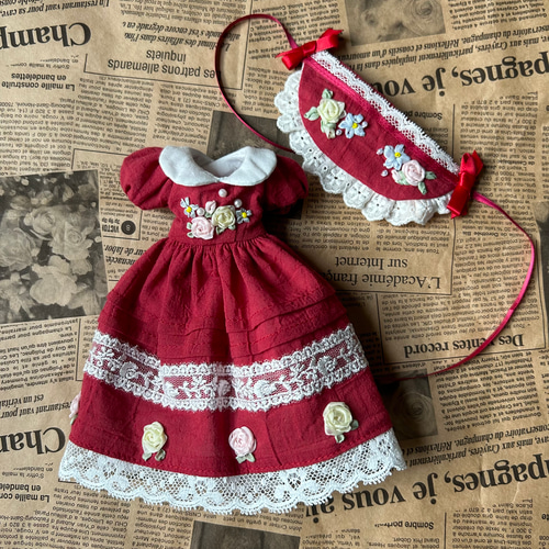 刺繍とリボン刺繍のワンピース୨୧大人サイズ　ドール服　アウトフィット 𓂃𖡼𓂂𓋪 𝑑𝑜𝑙𝑙 𝑜𝑛𝑒-𝑝𝑖𝑒𝑐𝑒 🪞˒˒ インド刺繍リボンを