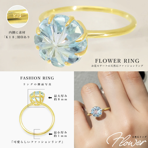 K18 ブルートパーズフラワーモチーフリング