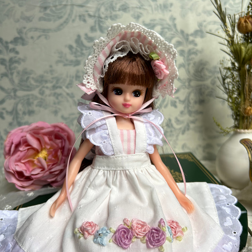 No.4 1/6ドールサイズ ボンネット＆エプロンドレスセット ピンク系