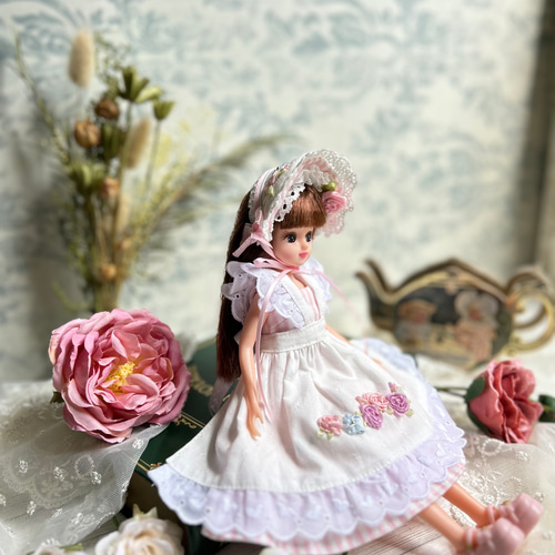 No.4 1/6ドールサイズ ボンネット＆エプロンドレスセット ピンク系