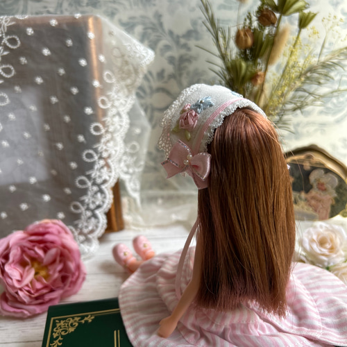 No.4 1/6ドールサイズ ボンネット＆エプロンドレスセット ピンク系