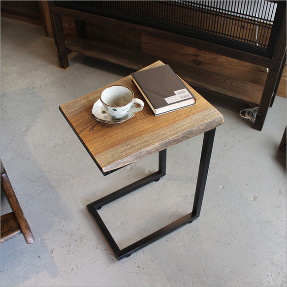 サイドテーブル レジン リバー アイアン 無垢 木製 一枚板 コの字