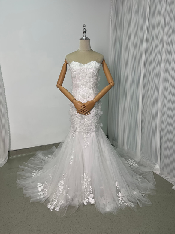 送料無料！ウエディングドレス ソフトチュール マーメイドライン ベア  