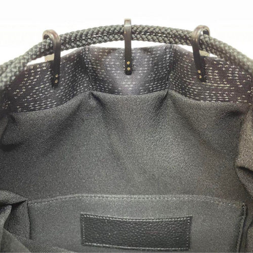 信玄袋(マチ有り、大)、本場大島紬、泥染、麻の葉模様、牛革(本革)と