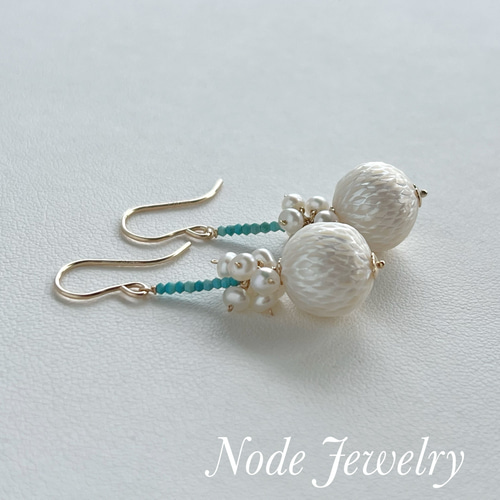 K14GF 淡水パール&ターコイズ カービングピアス ピアス（フック