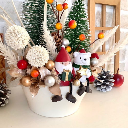 白い サンタクロース オブジェ クリスマス サンタと白クマとミニツリー