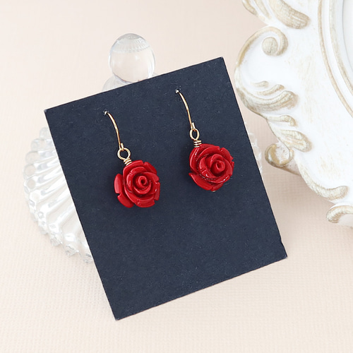 染め赤珊瑚 レッドコーラル 薔薇 バラ モチーフ / 14kgf ゴールド