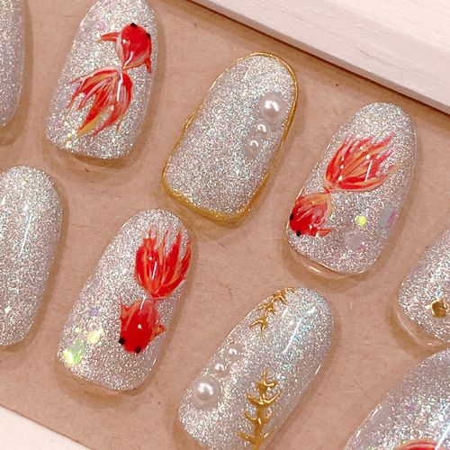 すいすい涼しげ夏を感じて 金魚ネイルチップ/浴衣 夏祭り 金魚 上品  