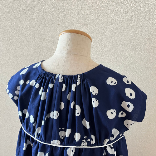 ツモリチサト浴衣リメイク　フレンチスリーブ、フリルワンピース 子供 浴衣地フレンチスリーブワンピース tsumori chisato 紺白