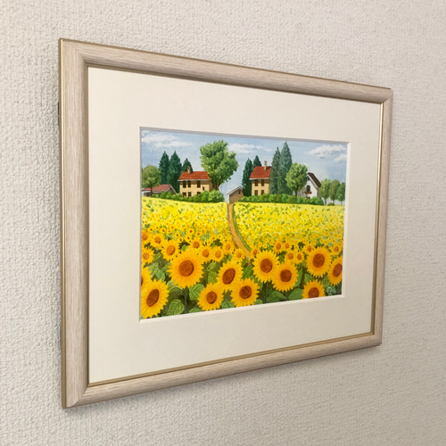 ひまわりの丘08」アクリル画 原画 風景画 額縁付 SMサイズ 絵画