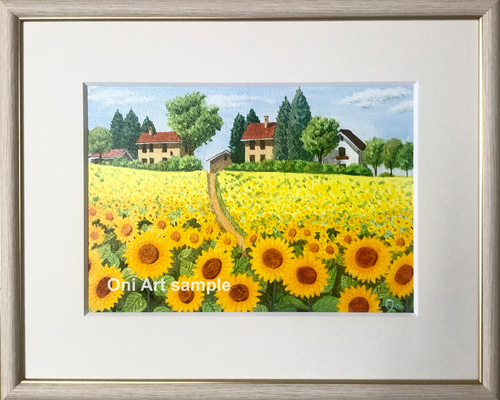 アクリル画　原画　「ひまわりの丘11」額縁付　F4サイズ　風景画 ひまわりの丘」透明水彩画 原画 風景画 額縁付 F4サイズ 絵画
