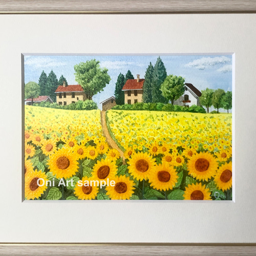ひまわりの丘08」アクリル画 原画 風景画 額縁付 SMサイズ 絵画