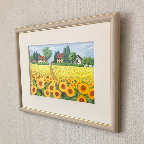 アクリル画　原画　「ひまわりの丘08」額縁付　SMサイズ　風景画 ひまわりの丘08」アクリル画 原画 風景画 額縁付 SMサイズ 絵画