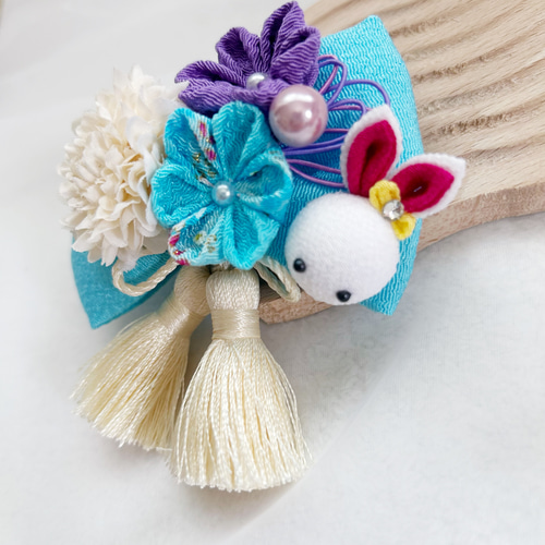 うさぎの和風リボン 水色】七五三 髪飾り つまみ細工 タッセル ヘア