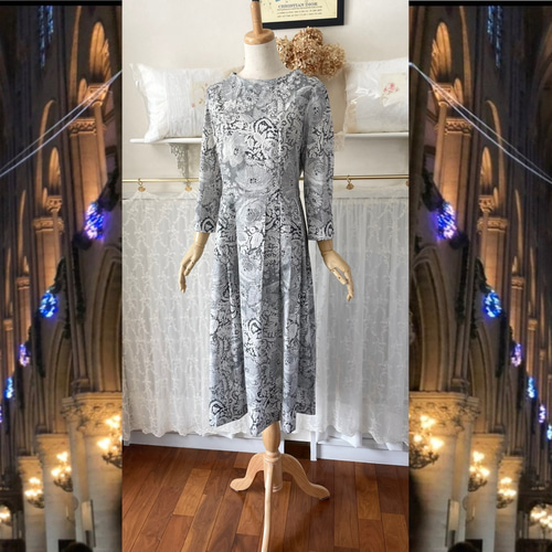 クラシカルなモノトーンのコットンワンピース『アメリア』綿ローン  