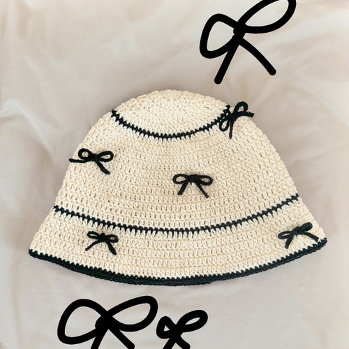 未使用日本製mignon mignonneリボン付きハット婦人帽子バケットハット 即納】日本製コットン100％ リボンつきバケットハット バケハ