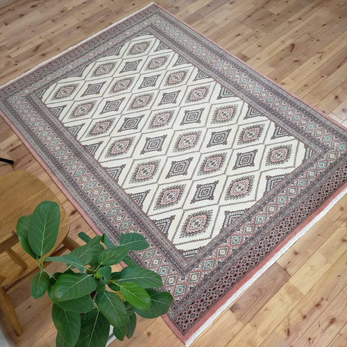 [SALE]パキスタン 手織り絨毯 ヴィンテージラグ 156cm×93cm パキスタン絨毯 ハイクオリティ 190x140cm 手織り ピンク ホワイト