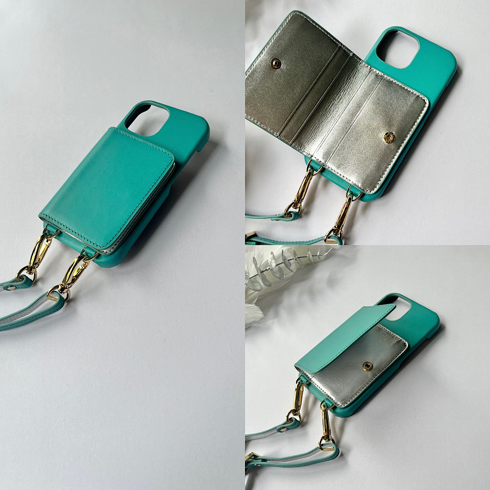 スマホショルダー 名入れ可　バイカラーblue+silver　本革 　スマホケース  レザー　iphoneケース