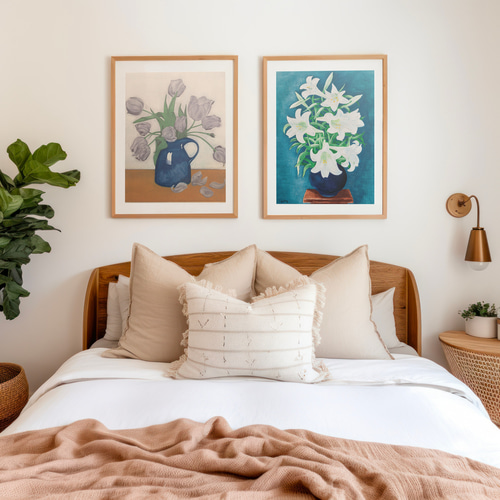 百合の花瓶絵画アートポスター☆青色ボタニカルクラシック