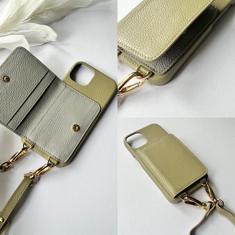 名入れ可｜バイカラー本革iPhoneショルダーケース（背面収納　スマホショルダー）Cappucino+Lightgrey