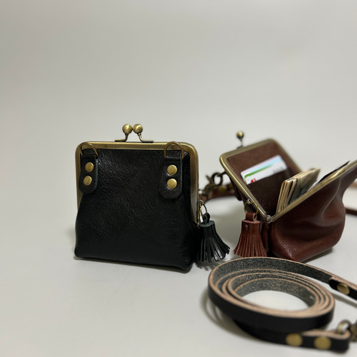 姫路レザーminiがま口ポシェット◇黒 新作 カード入れ 名刺入れ