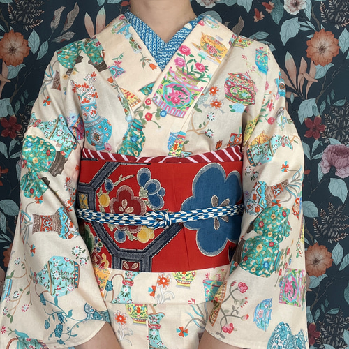 シノワズリ風花瓶柄木綿着物/Mサイズ/Sサイズ 着物 花鹿 kajika