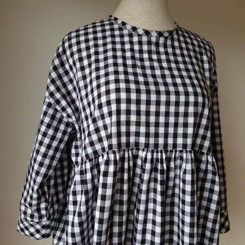 ギンガムチェックブラウス&たまごパンツ/上下セット/薄手コットン/春夏