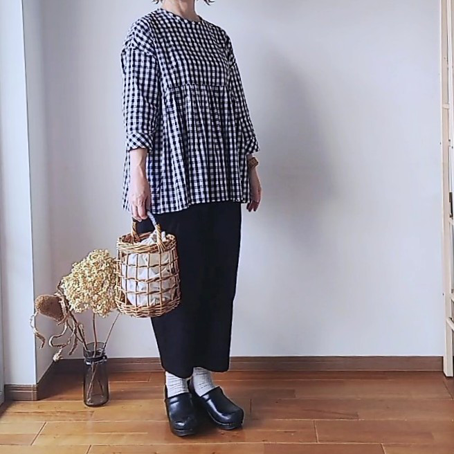 ギンガムチェックブラウス&たまごパンツ/上下セット/薄手コットン/春夏秋/着丈長め