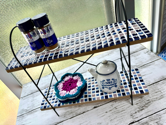 アイアン製モザイクタイル2段プランターラック アイアンシェルフ