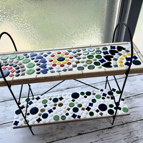 アイアン製モザイクタイル2段プランターラック　アイアンシェルフ アイアン製モザイクタイル2段プランターラック アイアンシェルフ