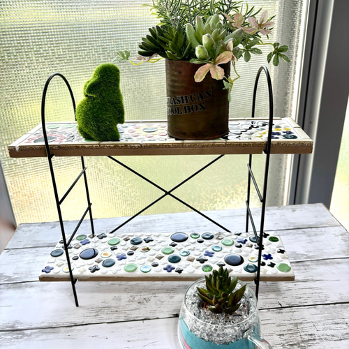 アイアン製モザイクタイル2段プランターラック アイアンシェルフ