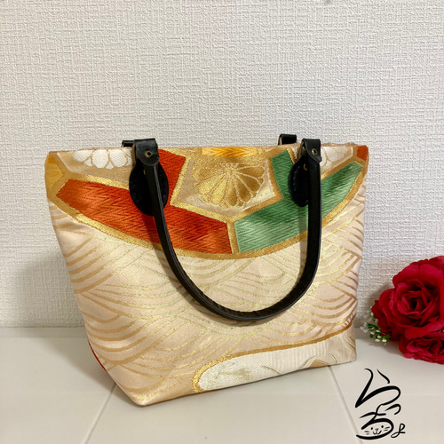 kimono】帯リメイク 片輪車 2wayトートバッグ トートバッグ らっ
