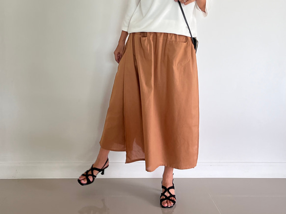 1枚で決まる。春夏の着心地満点コットン100の美シルエットワイドパンツ＆スカート　トフィー色 9枚目の画像