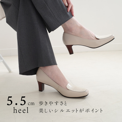 目を惹くクロコ型押しデザインの本革ローヒールシューズ / PO5227