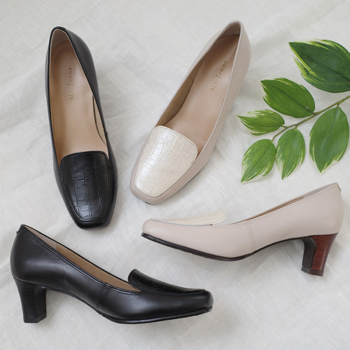 目を惹くクロコ型押しデザインの本革ローヒールシューズ / PO5227